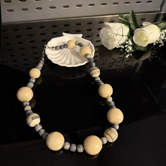 Handcrafted Chunky Ceramic Beaded Necklace – Blue & Cream Statement Jewelry - Picture 9 of 12